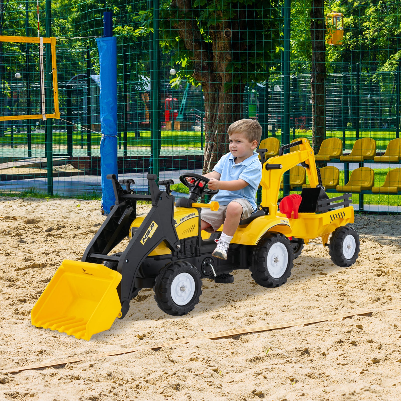 3-in-1 Kids Ride On Pedal Excavator with Detachable Trailer-Yellow